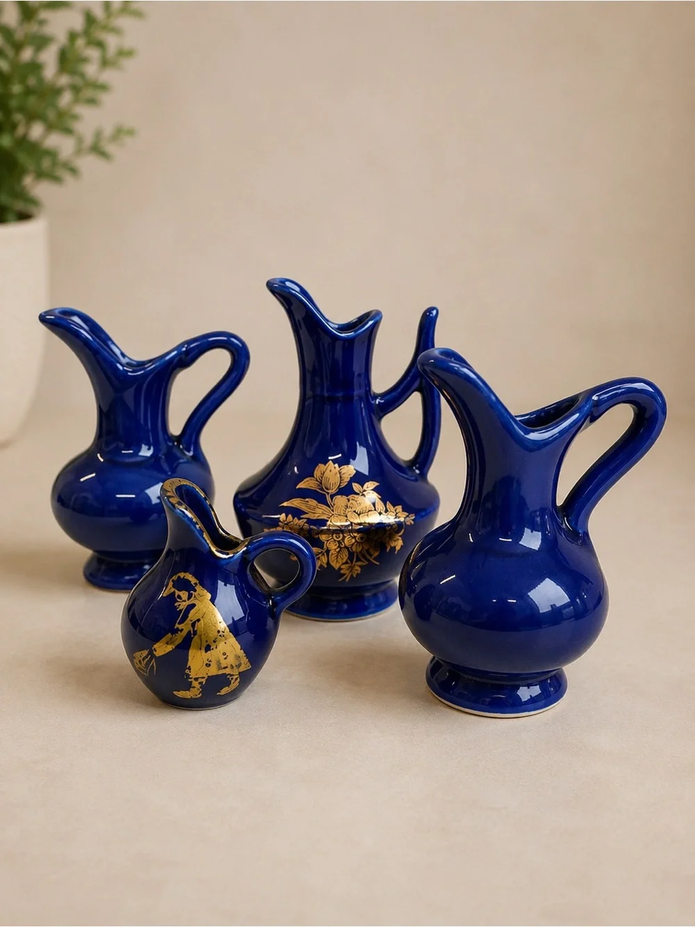 Set of 4 Miniature Cobalt Blue Porcelain Pitchers Vintage Vase Decor